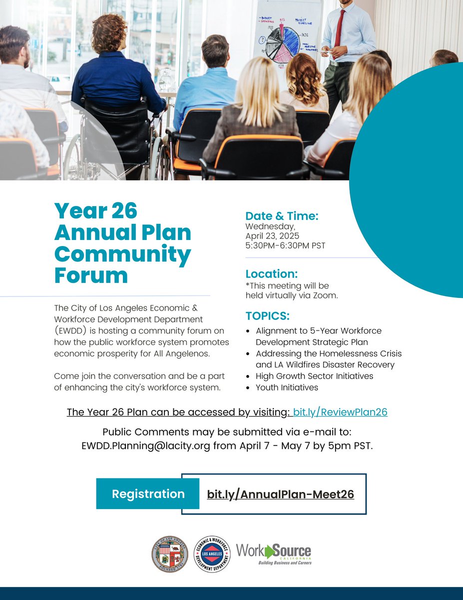 Join the conversation! EWDD is hosting a community forum on how the public workforce system promotes economic prosperity for All Angelenos.

Date/Time: April 23, 2025 at 5:30PM
RSVP: bit.ly/AnnualPlan-Mee…