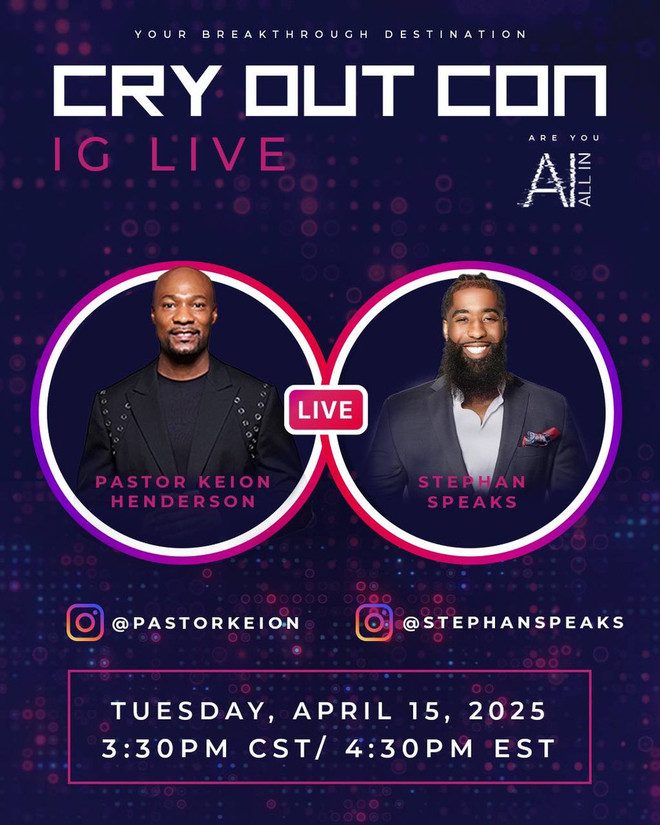 PastorKeion's tweet photo. You asked for more live moments—here it is! 🔥
@StephanSpeaks & I are talking what it really means to prepare your heart & mind for love. 💕💬
Catch us TOMORROW at 3:30 PM CST / 4:30 PM EST. Real talk, real gems, real love. We’re #ALLIN
#CryOutCon #LoveUnlocked https://t.co/xF61MPgdeU