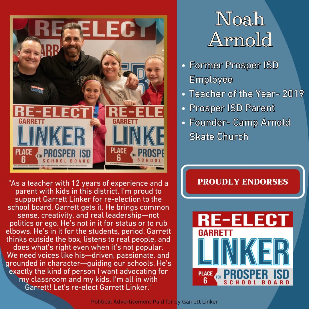 🚨 NEW ENDORSEMENT!

I'm honored to share the endorsement of former Prosper ISD Teacher, Noah Arnold. Noah was a public school teacher for 12 years and was named Teacher of the Year in 2019. He taught in Prosper ISD for three years before pursuing his nonprofit full-time. Noah is