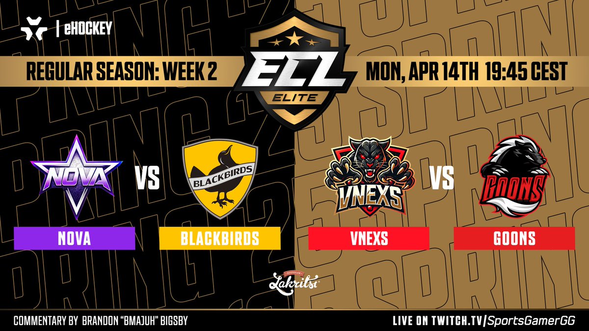 🔥 THE PUCK IS DROPPING SOON — WE ARE LIVE! 🔥
Week 2 of #ECL25Spring Elite is bringing the heat! 🧊💥

📺 Watch now: twitch.tv/SportsGamerGG
⏰ 19:45 CEST

⭐️ <a href="/NovaClubNHL/">NOVA</a> vs <a href="/BlackbirdsNHL/">BlackbirdsNHL</a> 🐦‍⬛
🐾 <a href="/vNexsNHL/">vNexs</a> vs <a href="/Goons_esport/">GOONS</a> 🦝

🎙️ <a href="/bMaJuH/">MaJuH 🎥</a>

#eHockey | #NHL25 | #KouvolanLakritsi