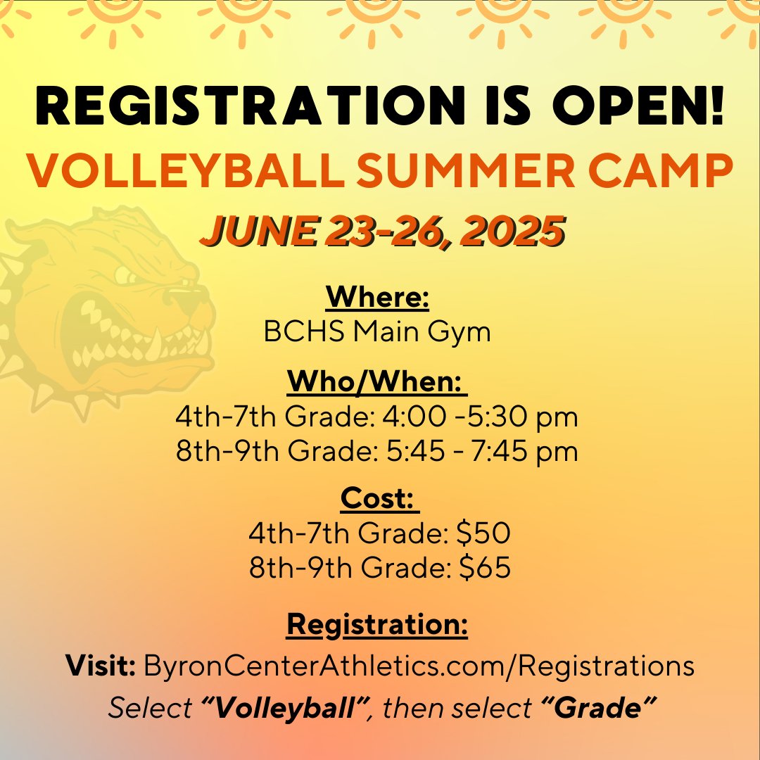 Volleyball Summer Camp is now open to register! 🏐 Visit: ByronCenterAthletics.com/Registrations and Select “Volleyball”, then select “Grade”. We can't wait to see you all in June! 🏐 #GoBulldogs #BCVB