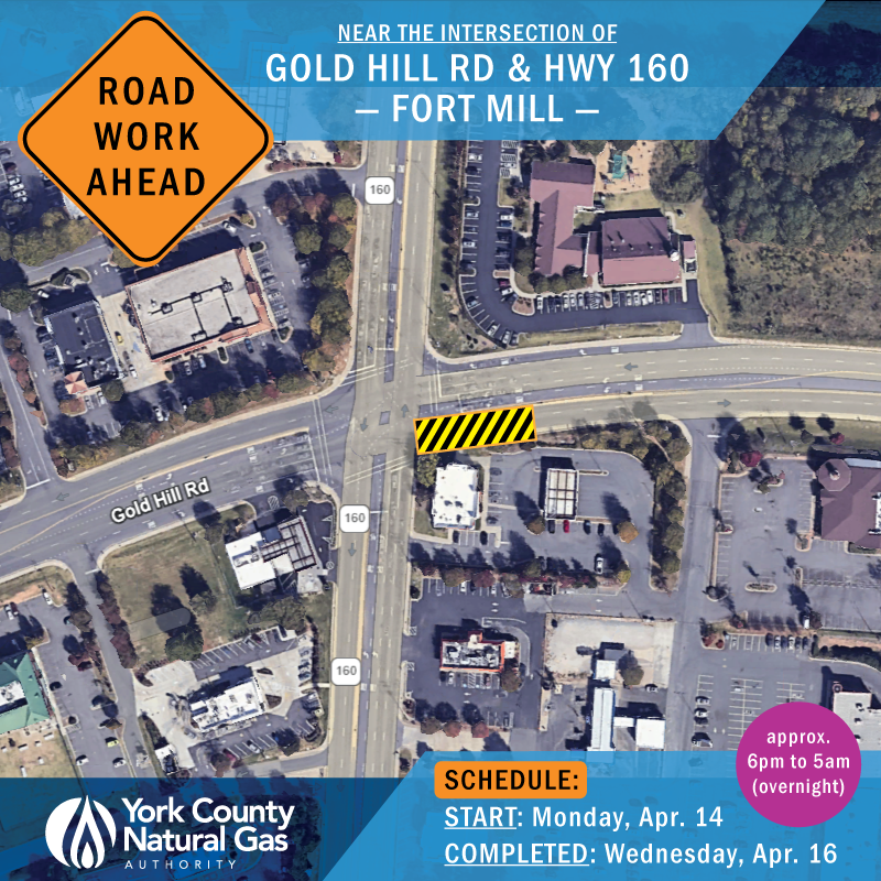 🚧CONSTRUCTION NOTICE🚧Overnight road work is planned for Monday (4/14) near the intersection of Gold Hill Rd &amp; Hwy 160 in #FortMill. Work is expected to take place from 6pm to 5am on Tuesday. Please use caution if driving in the area. Thank you for your patience!