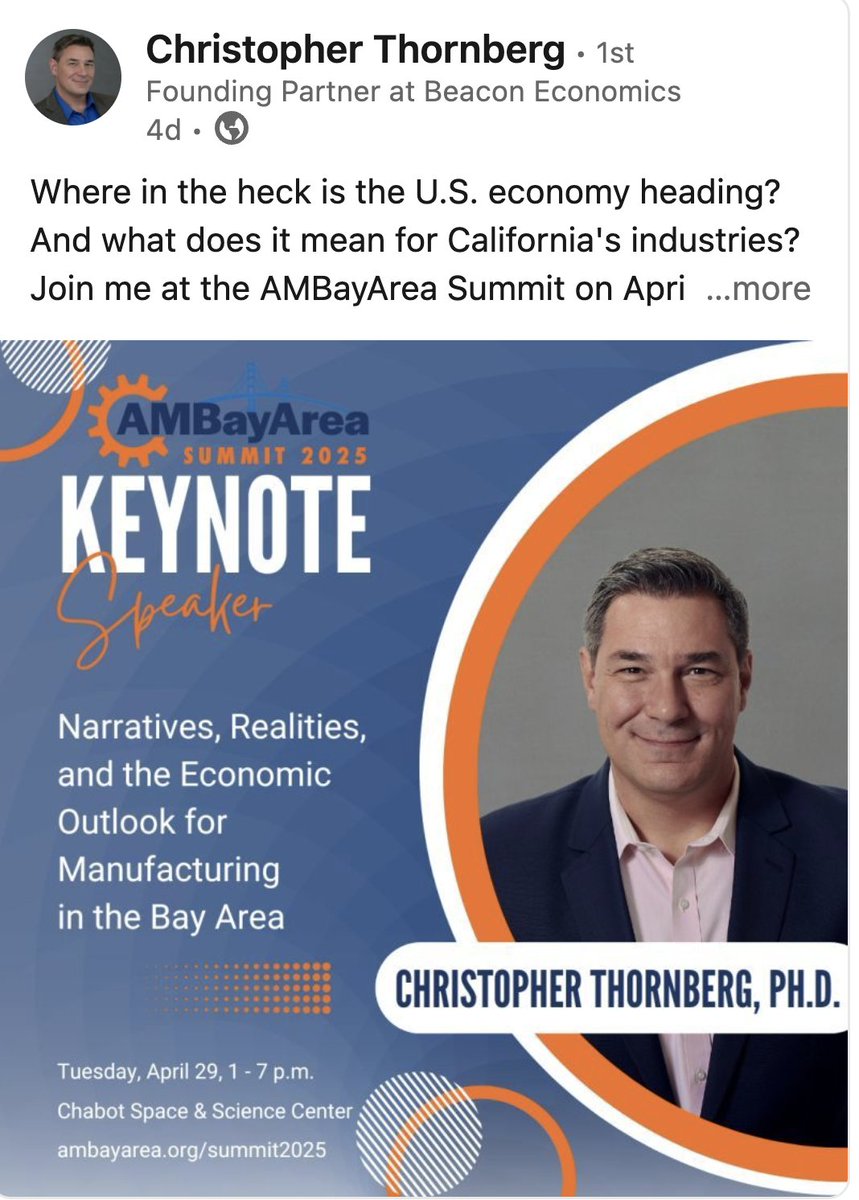 AMBayArea's tweet image. Join us for a timely presentation by a leading economist Dr. Christopher Thornberg at the AMBayArea Summit 2025 on April 29.
Register at ambayarea.org/summit2025/
#BayArea #Manufacturing #Economy #ThoughtLeadership