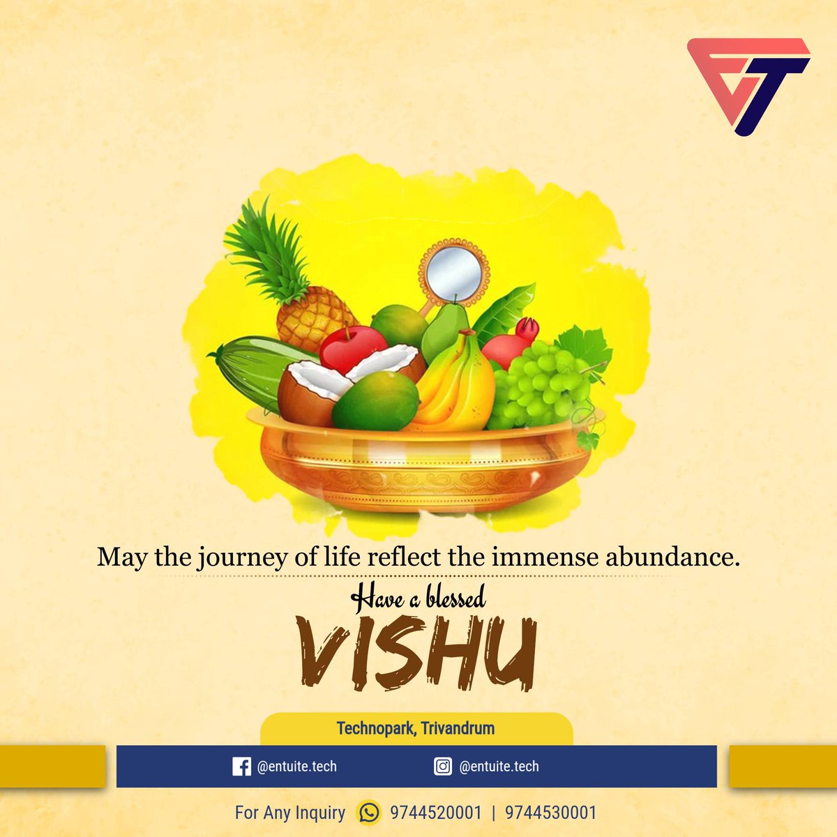 Happy Vishu!

വിഷുക്കണിയുടെ പ്രതീക്ഷ പോലെ, നിങ്ങളുടെ സംരംഭങ്ങൾ ഉദ്ദേശത്തോടെ പുഷ്പിക്കട്ടെ.
“ദൂരദർശനത്തോടെ വിതറി, ആത്മാർത്ഥതയോടെ വിളവിറക്കൂ — ഓരോ പുതിയ രാവിലെയും ഒരു തിരിഞ്ഞുനോട്ടമാകട്ടെ.”

#entuite #vishu2025 #malayalamnewyear