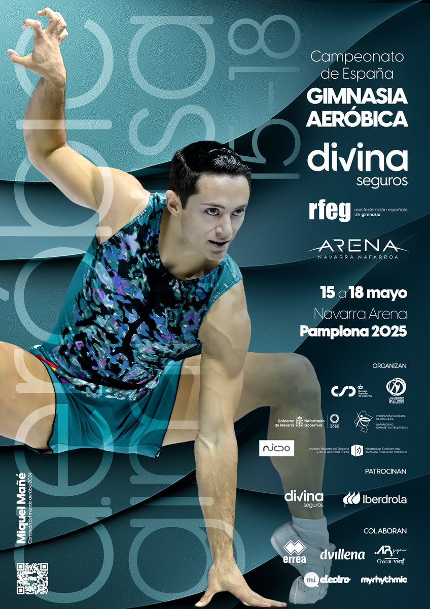 Del 15 al 18 de mayo el Navarra Arena de Pamplona acogerá el Campeonato de España de gimnasia aeróbica. Comparto con vosotros el cartel del evento con Miquel Mañé, campeón del mundo, como protagonista.

¡Espero que os guste! #AERPamplona25