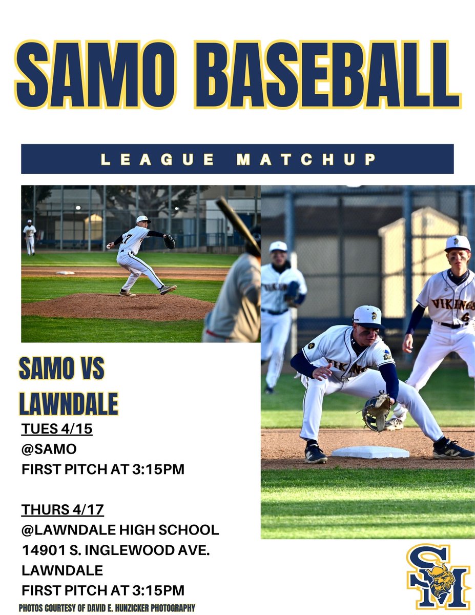 This week's schedule: 
Tuesday 4/15: Vs Lawndale at Home. First Pitch 3:15PM
Thursday 4/17: at Lawndale. First Pitch 3:15PM
#GOSAMO #SAMOhiBASEBALL