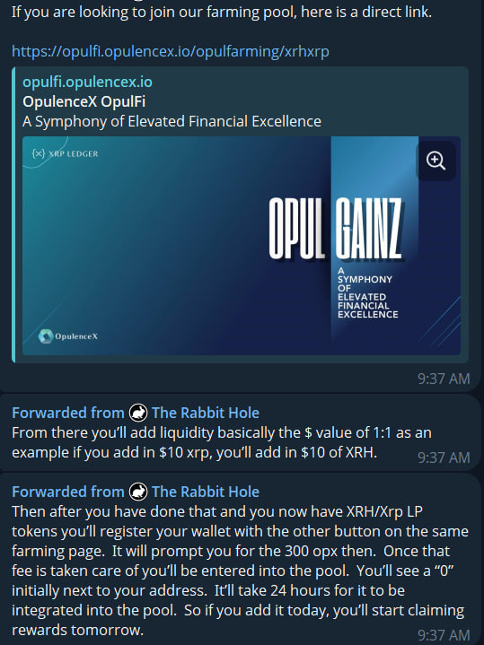 TheRabbitH0LZ's tweet photo. HOW to Farm .... @TheRabbitH0LZ  XRH token... 

Step by step guide ...SEE Graphics BELOW !

All your links..... 👇👇👇 XRH Airdrop incoming.

OpulenceX Trust line :
https://t.co/4c2yW0ioEF

XRH Farming link :
https://t.co/9xiJbL1I8A

XRH Trust Line : 
https://t.co/j6LkRbm4up

Buy XRH here :
https://t.co/AsRsD5zSt5