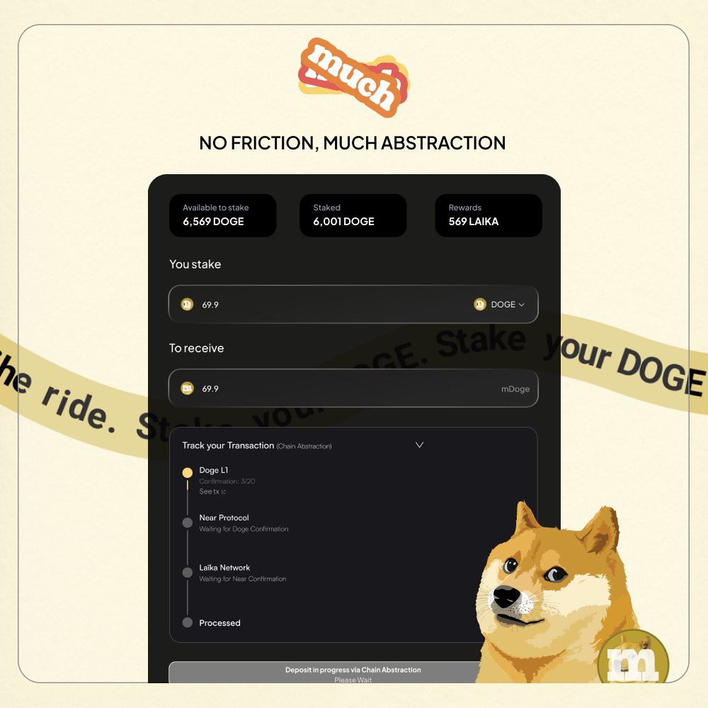 much_finance's tweet image. No Friction, Much Abstraction.
Stake $DOGE directly from L1.
No bridges, no wrapping, no guesswork.
Just pure yield.
Liquid staking with real rewards, finally done right.
👉 Much is about to be live