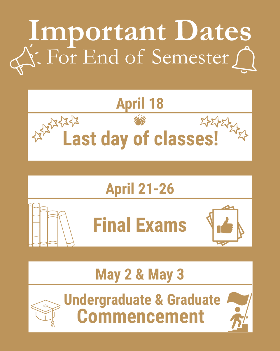 The end of the semester is almost here! Make sure to keep these important dates in mind as we close out the semester.

Good luck on final exams &amp; congratulations to our graduates!

#OaklandUniversity #HealthSciencesOU #BeGolden