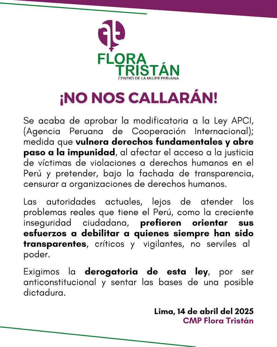 #Alerta 🔴 | Se acaba de aprobar la modificatoria a la Ley APCI, (Agencia Peruana de Cooperación Internacional); medida que vulnera derechos fundamentales y abre paso a la impunidad, al afectar el acceso a la justicia de víctimas de violaciones a derechos humanos en el Perú.