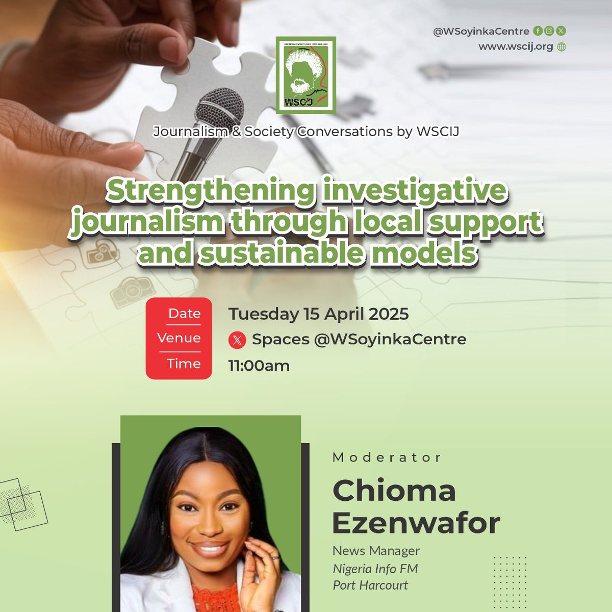 Wole Soyinka Centre (@wsoyinkacentre) on Twitter photo Chioma Ezenwafor <a href="/chiomaezenwafo/">Chioma Ezenwafor anipr (IVLP Alumna)</a> is the News Manager <a href="/nigeriainfoph/">NigeriaInfoPH</a> <a href="/wazobiafmph/">WazobiaFMPH</a> <a href="/coolfmph/">COOL FM</a>.
Join her as she moderates #WSCIJConversation themed “Strengthening investigative journalism through local support and sustainable models” tomorrow, by 11am.
🔗 bit.ly/4lugAWT Chioma Ezenwafor <a href="/chiomaezenwafo/">Chioma Ezenwafor anipr (IVLP Alumna)</a> is the News Manager <a href="/nigeriainfoph/">NigeriaInfoPH</a> <a href="/wazobiafmph/">WazobiaFMPH</a> <a href="/coolfmph/">COOL FM</a>.
Join her as she moderates #WSCIJConversation themed “Strengthening investigative journalism through local support and sustainable models” tomorrow, by 11am.
🔗 bit.ly/4lugAWT