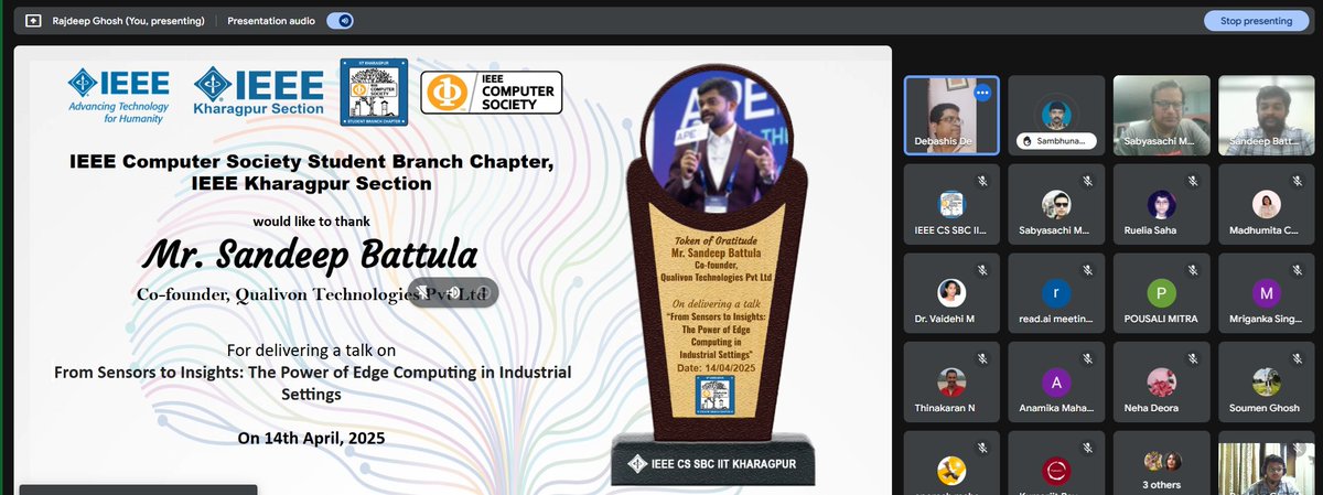 IeeeKgp's tweet photo. In our 3rd technical event of IEEE CS SBC IIT Kharagpur, Mr. Sandeep Battula delivered an excellent talk on "From Sensors to Insights: The Power of Edge Computing in Industrial Settings." #IEEE
@IEEEorg @ComputerSociety #IEEEComputerSociety #IEEEKharagpurSection #SandeepBattula https://t.co/r21P7HDwTo