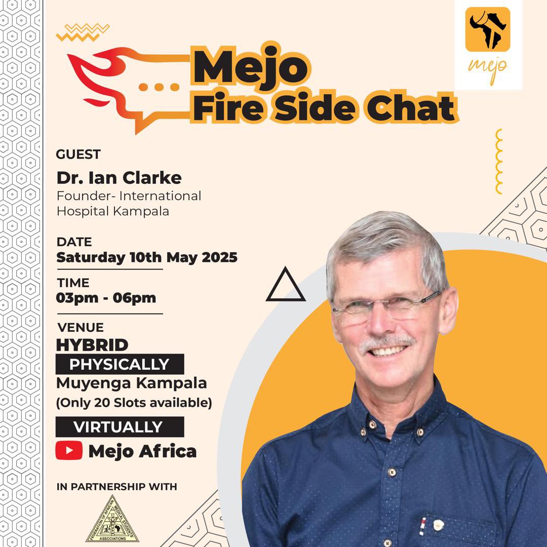 mejo_africa's tweet photo. Join us for the Mejo Fireside Chat with Dr. Ian Clarke — founder of IHK and a pioneer in Uganda’s health sector!

🗓️Sat, May 10 | 3PM EAT 📍HYBRID Event Muyenga, Kampala (only 20 seats!) Live on YouTube
🎫Tickets: https://t.co/OEnXpXhbIm
 #HealthInnovation #LeadershipDialogue https://t.co/yyy3UYh4NW