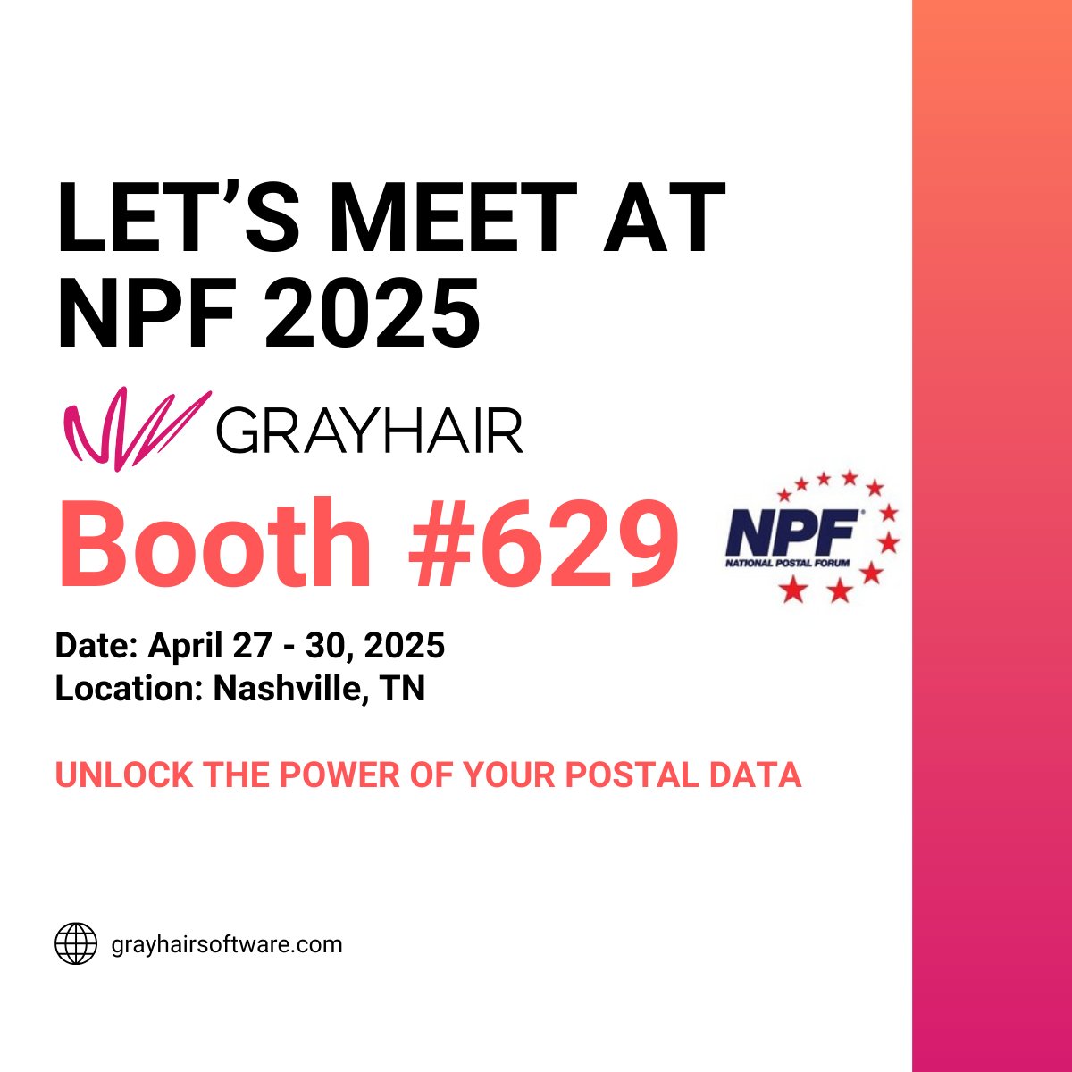 GrayHairLLC's tweet image. 📅We&apos;re counting down the days! 📍GrayHair Software will be at #NPF2025, April 27-30, Booth #629.   #PostalSolutions