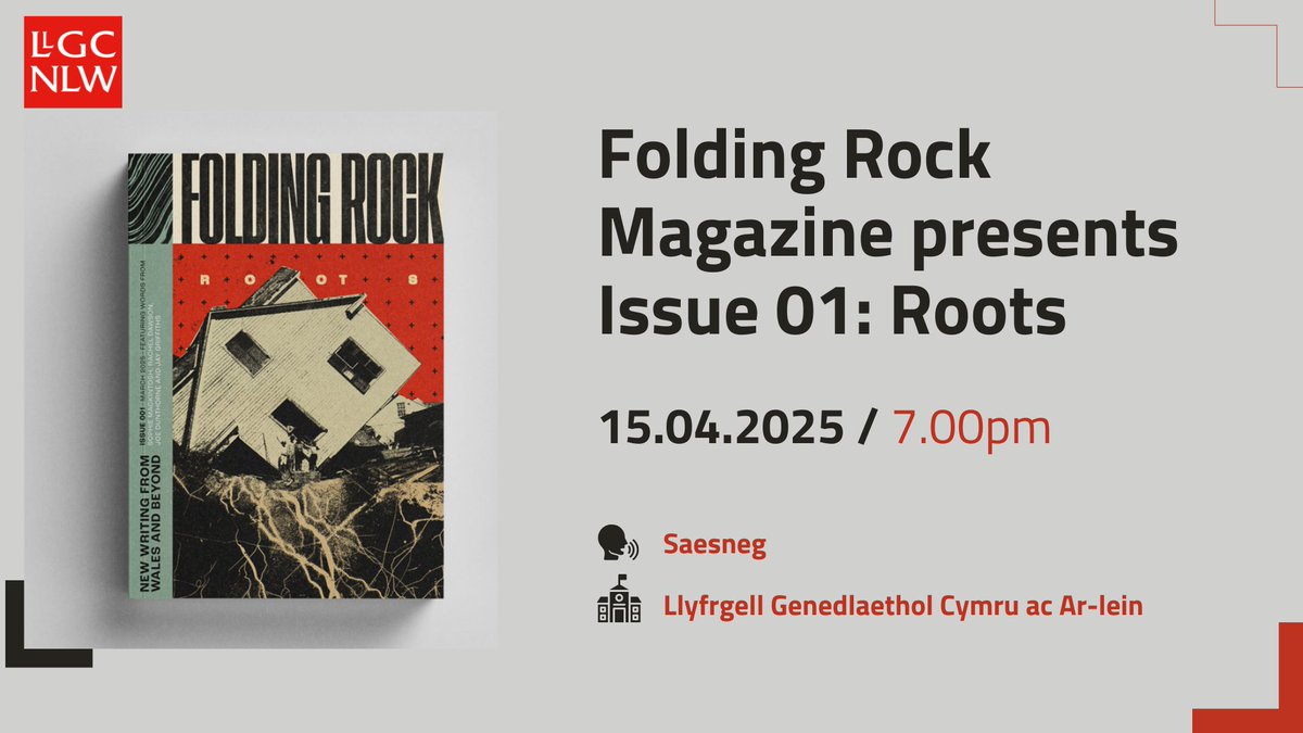 Dewch i ddathlu cyhoeddiad rhifyn cyntaf cylchgrawn @foldingrockmag: Roots gyda ni nos yfory. 

Bydd y noson yn cynnwys cyflwyniad gan y golygyddion a darlleniadau gan gyfrannwyr gan gynnwys Joshua Jones ac Anthony Shapland.

📎 llyfrgell.cymru/digwyddiadau