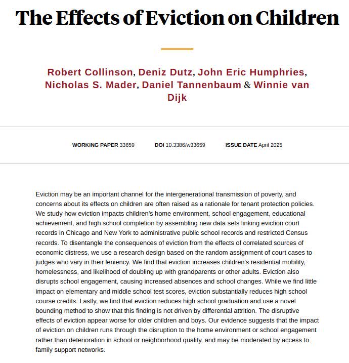 Eviction has spillover effects on children, with particularly negative effects for boys and older kids. These effects may be moderated by access to family support networks, from <a href="/racollinson/">Rob Collinson</a>, Deniz Dutz, <a href="/john_eric/">John Eric Humphries</a>, Nicholas S. Mader, Daniel Tannenbaum, and <a href="/WinnieVanDijk/">Winnie van Dijk</a>
