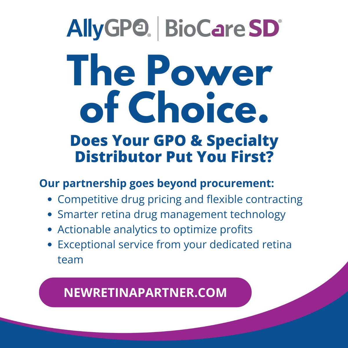 Retina practices deserve better support.

AllyGPO + BioCareSD offer retina-first tools designed to help with drug management, contract clarity &amp; daily workflows.

Explore the difference: newretinapartner.com

#AllyGPO #BioCareSD #ASOA #Ophthalmology