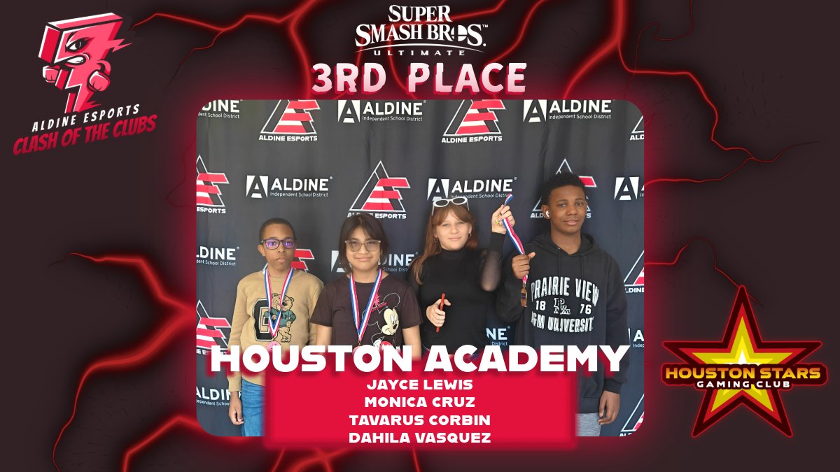 Aldine Esports (@aldineesports) on Twitter photo ๐ HUGE congrats to <a href="/Houston_AISD/">Houston Academy - Aldine ISD</a> for getting 3rd place in Super Smash Bros Ultimate at Clash of the Clubs tournament hosted by Aldine Esports at Impact Leadership Academy! <a href="/PrinciPalRNW08/">Robin Willis</a> <a href="/DrCrystalWatson/">Crystal Watson, Ed.D. Proud Grambling State Alumni</a> ๐ HUGE congrats to <a href="/Houston_AISD/">Houston Academy - Aldine ISD</a> for getting 3rd place in Super Smash Bros Ultimate at Clash of the Clubs tournament hosted by Aldine Esports at Impact Leadership Academy! <a href="/PrinciPalRNW08/">Robin Willis</a> <a href="/DrCrystalWatson/">Crystal Watson, Ed.D. Proud Grambling State Alumni</a>