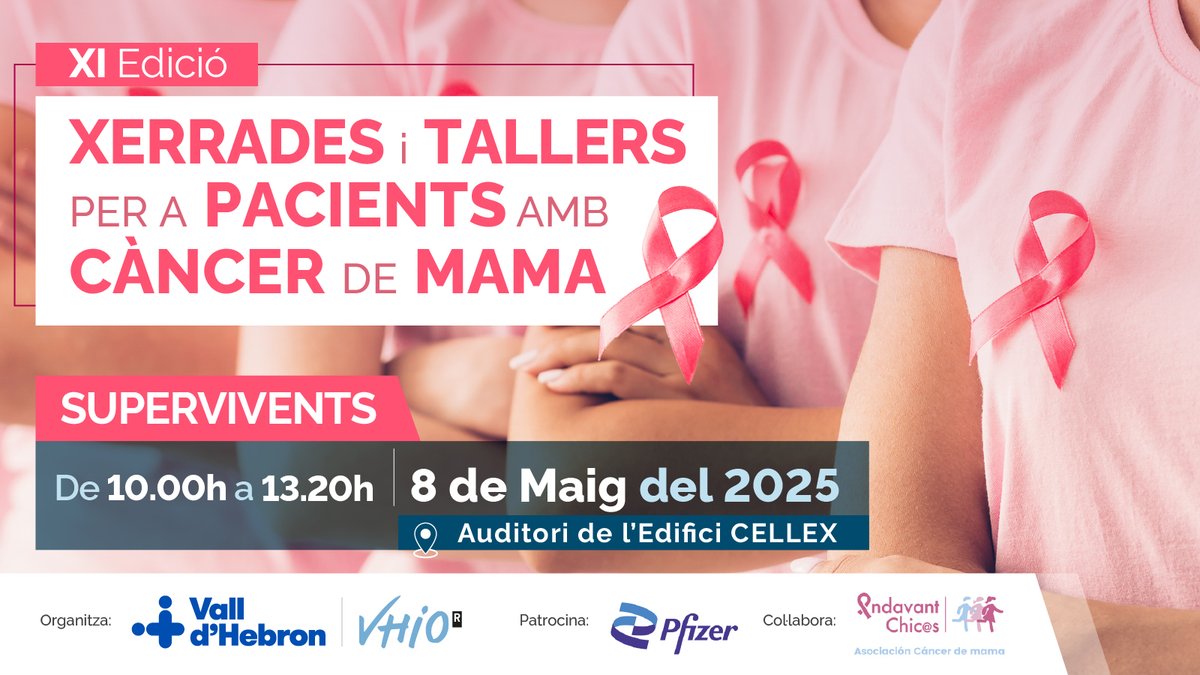 Vall d’Hebron Institute of Oncology (VHIO) (@vhio) on Twitter photo 📣 XI Edició de xerrades i tallers per a pacients amb #CàncerMama: Supervivents ‼️
💬 Amb <a href="/BelletMeritxell/">Meritxell Bellet</a>, <a href="/pujol_blaya/">v pujol blaya</a>, Vanessa Ortega, @nriaduranmart1 i Esther Gonzalo
🗓️ 8 de maig · ⏰ 10 h
Cada jornada inclou tres xerrades i dos tallers a escollir 👉 📣 XI Edició de xerrades i tallers per a pacients amb #CàncerMama: Supervivents ‼️
💬 Amb <a href="/BelletMeritxell/">Meritxell Bellet</a>, <a href="/pujol_blaya/">v pujol blaya</a>, Vanessa Ortega, @nriaduranmart1 i Esther Gonzalo
🗓️ 8 de maig · ⏰ 10 h
Cada jornada inclou tres xerrades i dos tallers a escollir 👉