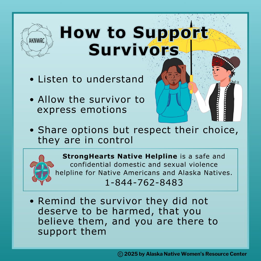 When a survivor entrusts you with their story, it is vital to listen, support, and remind them that they are not alone.

For more resources, we encourage you to check out :
strongheartshelpline.org/abuse/my-loved…

#SexualAssaultAwarenressMonth #SAAM #SexualAssaultAwareness #aknwrc