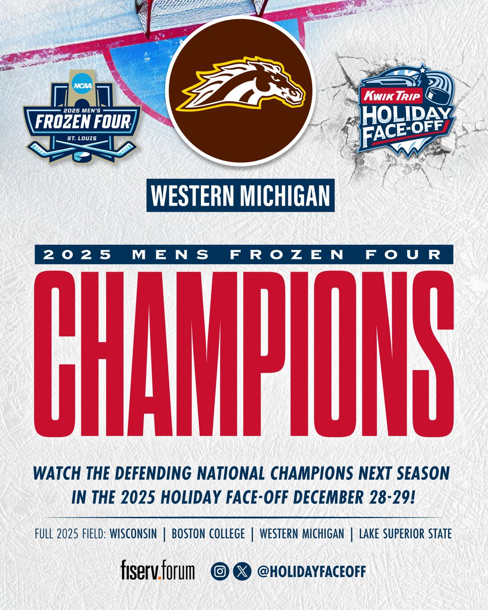 Congratulations to <a href="/WMUHockey/">WMU Hockey</a> on winning the 2025 National Championship 🏆 !!

Can’t wait until the reigning national champs hit the ice at the 2025 Kwik Trip Holiday Face-Off, December 28–29 at Fiserv Forum. See you in Milwaukee !!