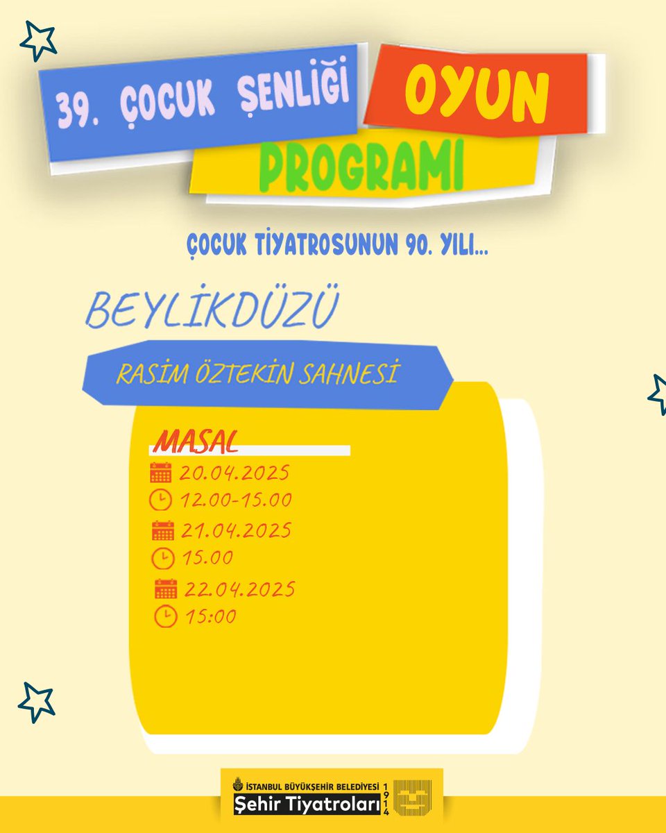 Çocuk Eğitim Birimimizin 90. yılında gerçekleştirdiğimiz 39. Çocuk Şenliğimizin oyun programı belli oldu. 🥳

Çocuk Şenliğimizin programına görselleri yana kaydırarak ulaşabilirsiniz. Şenlik boyunca sahnelenecek oyunlarımızın ücretsiz biletlerine ise 15 Nisan Salı günü saat