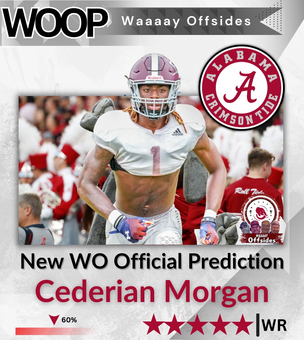Another one!!!

Alabama Football is now also expected to land 5 ⭐️ WR Cederian Morgan. 

This would be Alabama’s second 5 ⭐️ of the 2026 class. Morgan headlined a loaded list of recruits who visited Tuscaloosa for A Day and would certainly be a statement pickup in this recruiting