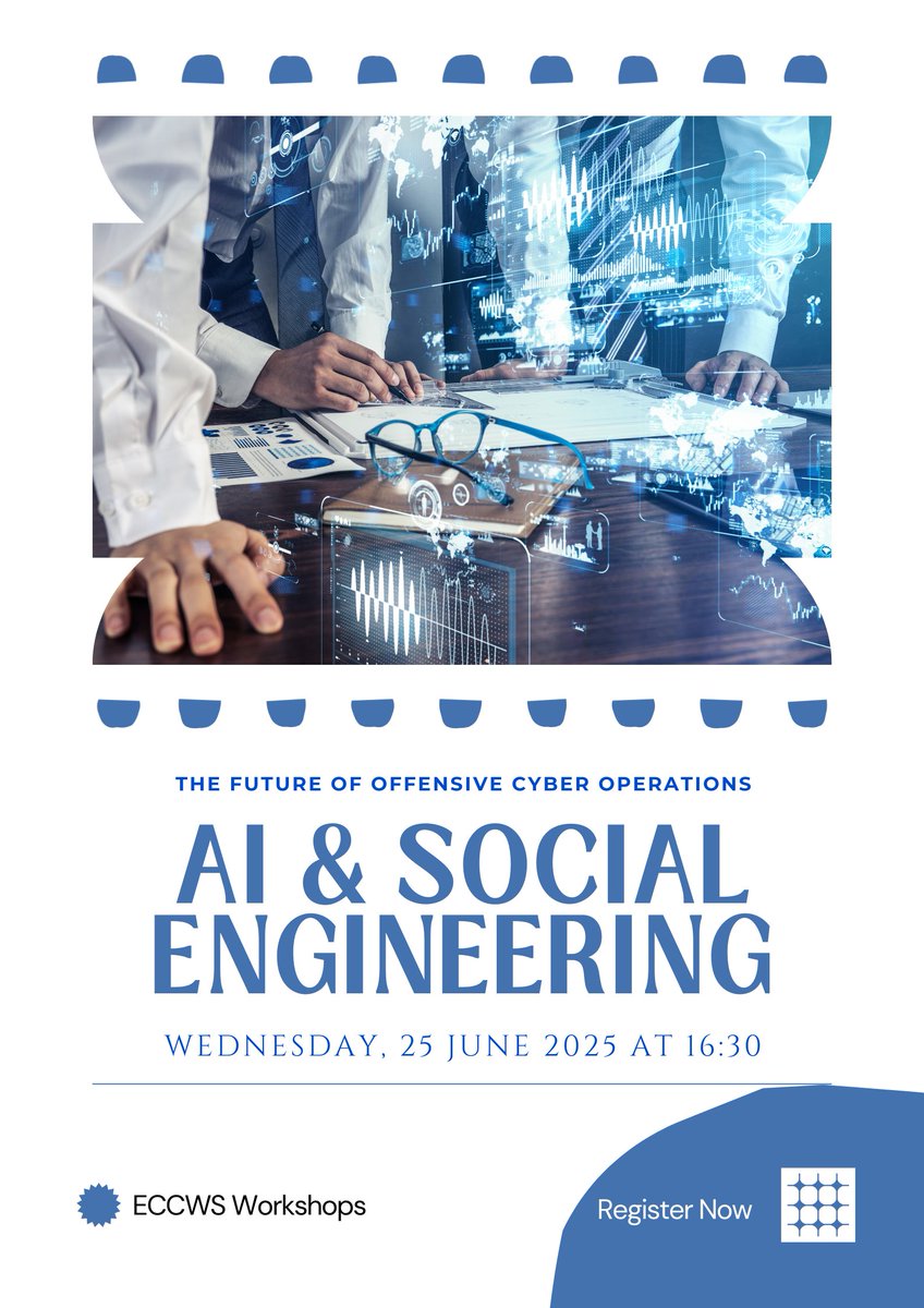 ACI (@acpi_tweets) on Twitter photo Pre-conference workshop: Artificial Intelligence & Social Engineering: The Future of Offensive Cyber Operations
on Wednesday 25 June 2025; 16:30 - 17:30 CST.
Led by: Dr Henry Collier, Marshall University
Held physically. To book, please email: Elaine@academic-conferences.org Pre-conference workshop: Artificial Intelligence & Social Engineering: The Future of Offensive Cyber Operations
on Wednesday 25 June 2025; 16:30 - 17:30 CST.
Led by: Dr Henry Collier, Marshall University
Held physically. To book, please email: Elaine@academic-conferences.org