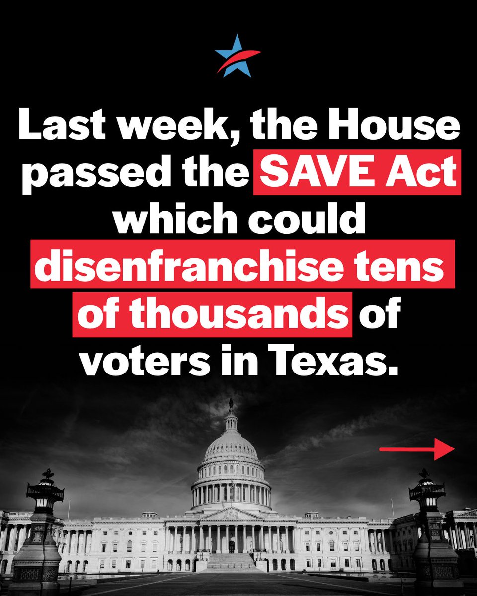 CCauseTexas's tweet image. Last week, the House passed the SAVE Act and if it becomes law, it could disenfranchise tens of thousands of eligible voters right here in Texas.
We will not allow this to happen, but we need your help! Sign our petition here act.commoncause.org/petitions/tell…