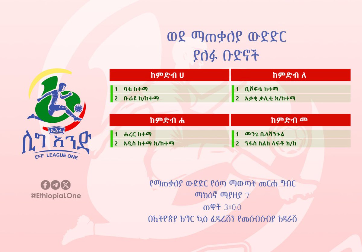 የኢትዮጵያ ሊግ አንድ የ2017 የማጠቃለያ ውድድር ከሚያዚያ 19 ጀምሮ በሰበታ ከተማ ይከናወናል።

8 ክለቦችን የሚያሳትፈው ይህ ውድድር የዕጣ ማውጣት መርሐ ግብር ነገ (ማክሰኞ ሚያዚያ 7) በ@ethiopiaff1 የመሰብሰብያ አዳራሽ ከጠዋቱ 3:00 ጀምሮ ይከናወናል።