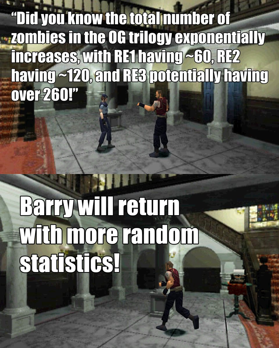EvilResource's tweet image. The zombie is the staple of the original Resident Evil trilogy, making it the most common enemy type encountered. But with each entry their number practically doubles, with over 260 (depending on your luck) appearing in RE3: Nemesis. #REBHFun #ResidentEvil