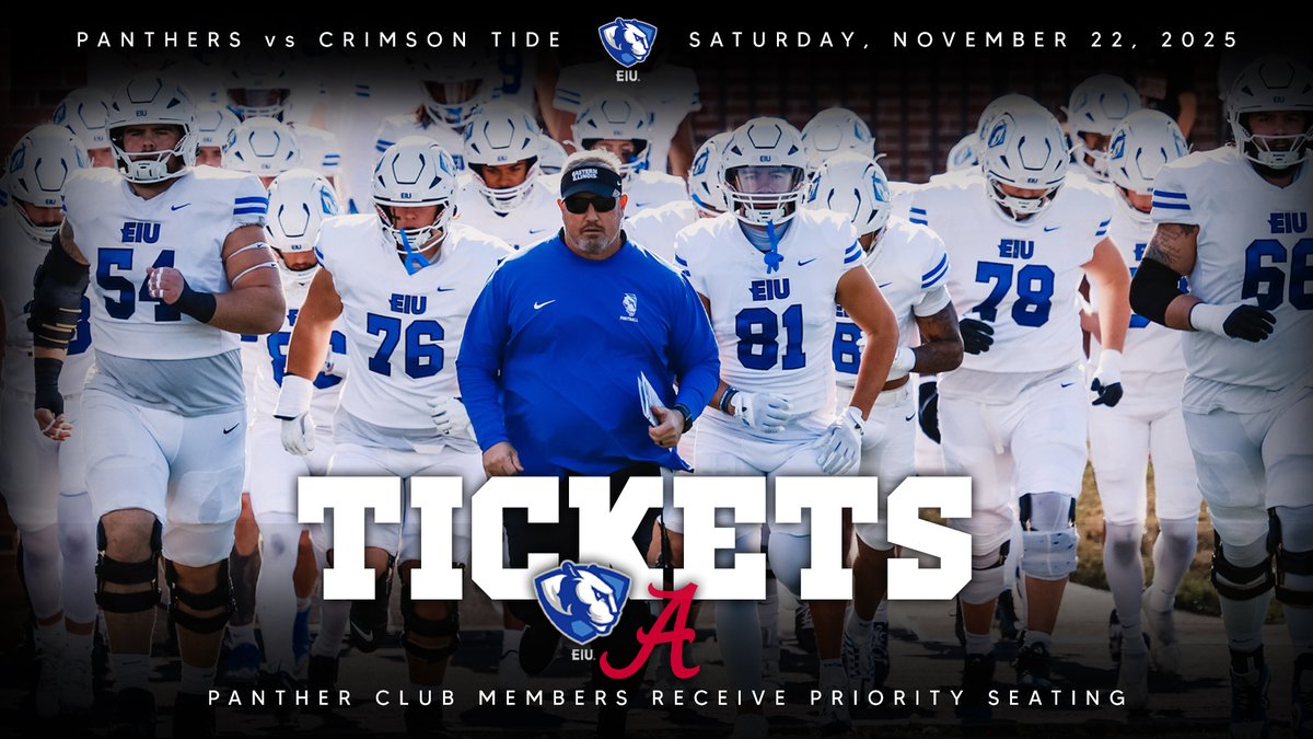 Eastern Illinois Athletics (@eiu_panthers) on Twitter photo Ticket for this year's <a href="/EIU_FB/">Eastern Illinois Football</a> game at Alabama on Saturday, November 22 in Tuscaloosa are available through the EIU Ticket Office
Priority for these seats given to <a href="/eiupantherclub/">EIU Panther Club</a> members ... click story link for info & to purchase
Release🏈🎟️👀⬇️
eiupanthers.com/news/2025/4/14… Ticket for this year's <a href="/EIU_FB/">Eastern Illinois Football</a> game at Alabama on Saturday, November 22 in Tuscaloosa are available through the EIU Ticket Office
Priority for these seats given to <a href="/eiupantherclub/">EIU Panther Club</a> members ... click story link for info & to purchase
Release🏈🎟️👀⬇️
eiupanthers.com/news/2025/4/14…