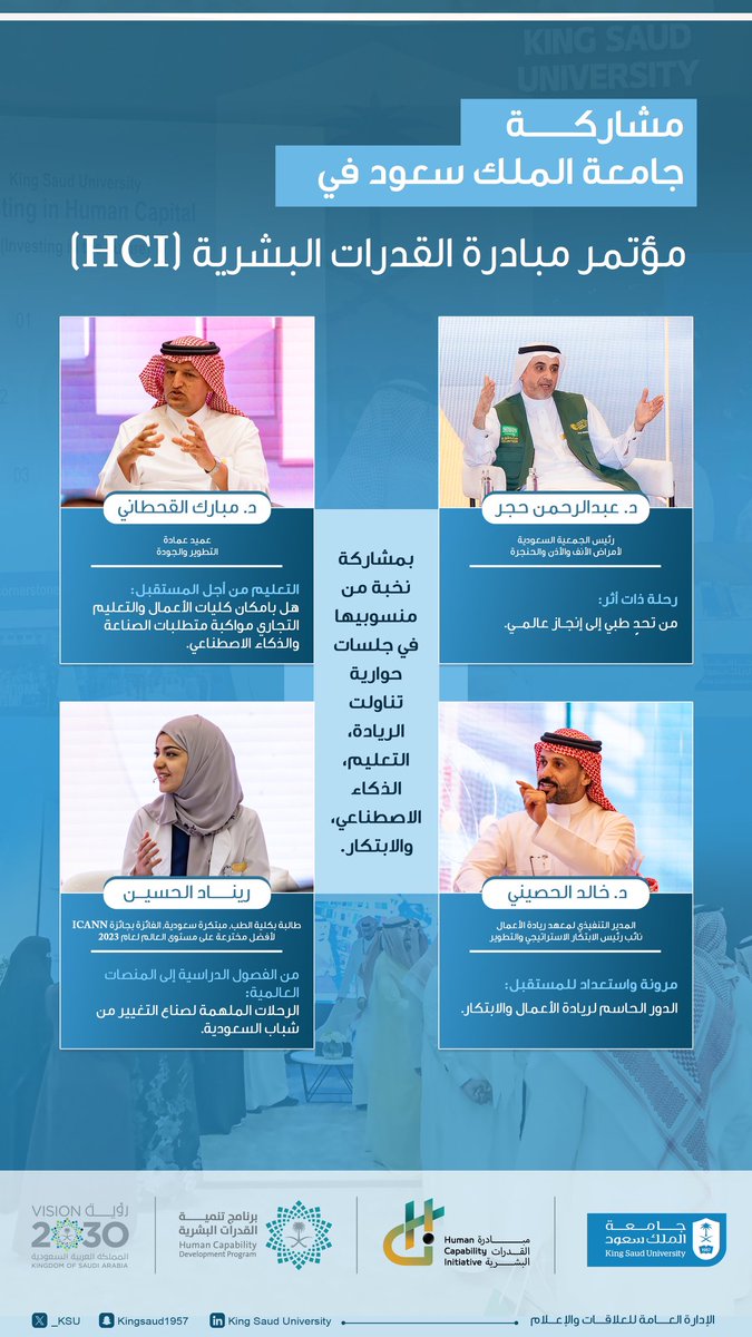 #جامعة_الملك_سعود تشارك في مؤتمر #مبادرة_القدرات_البشرية #HCI بعدد من الجلسات الحوارية التي ناقشت الريادة، التعليم، الذكاء الاصطناعي، والابتكار، بمشاركة نخبة من منسوبيها.