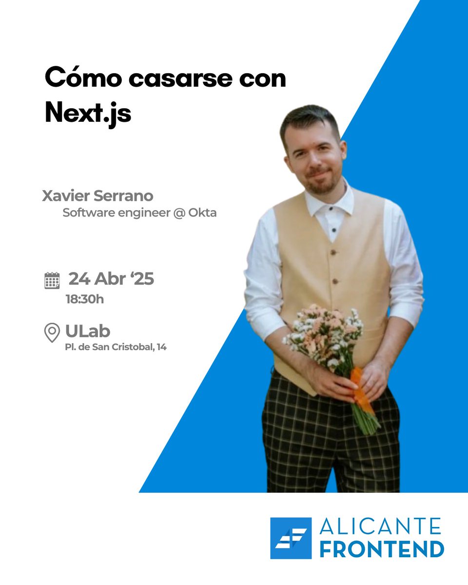 📣 ¡Habemus charla el próximo  24 de abril!
<a href="/Zombispormedio/">Xavier Serrano</a> nos contará cómo usó React y Next.js para organizar su boda 💍
Apps, invitados y mucho JS en una de las charlas más curiosas y divertidas del año.
¡Nos vemos en <a href="/ULab_es/">ULab Ideas Meeting Point</a>! ⚛🎉

Apúntate aquí 👇 meetup.com/es-ES/alicante…