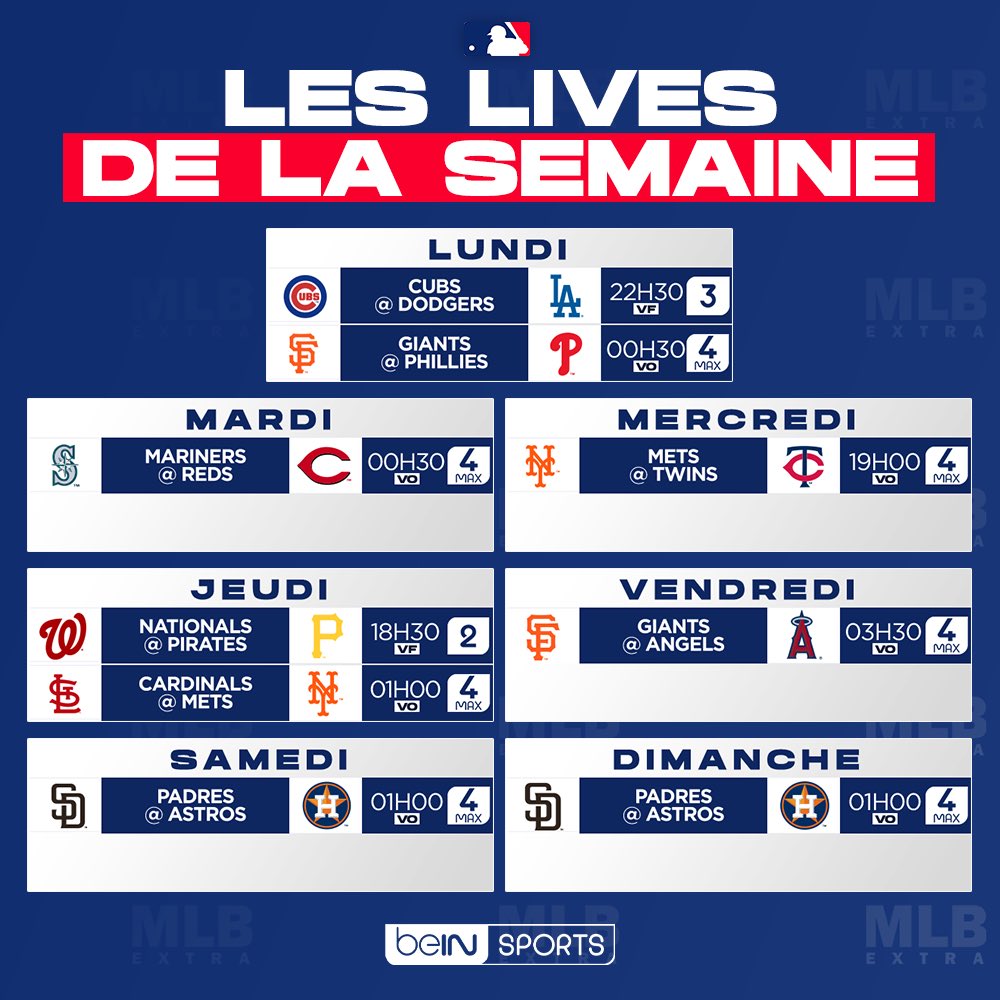 MLBextra (@mlbextra) on Twitter photo ⚾️ #MLBextra
🚨 Voici le programme des matchs diffusés du 14 au 20 avril sur <a href="/beinsports_FR/">beIN SPORTS</a> (sous réserve de modifications) ! ⚾️ #MLBextra
🚨 Voici le programme des matchs diffusés du 14 au 20 avril sur <a href="/beinsports_FR/">beIN SPORTS</a> (sous réserve de modifications) !