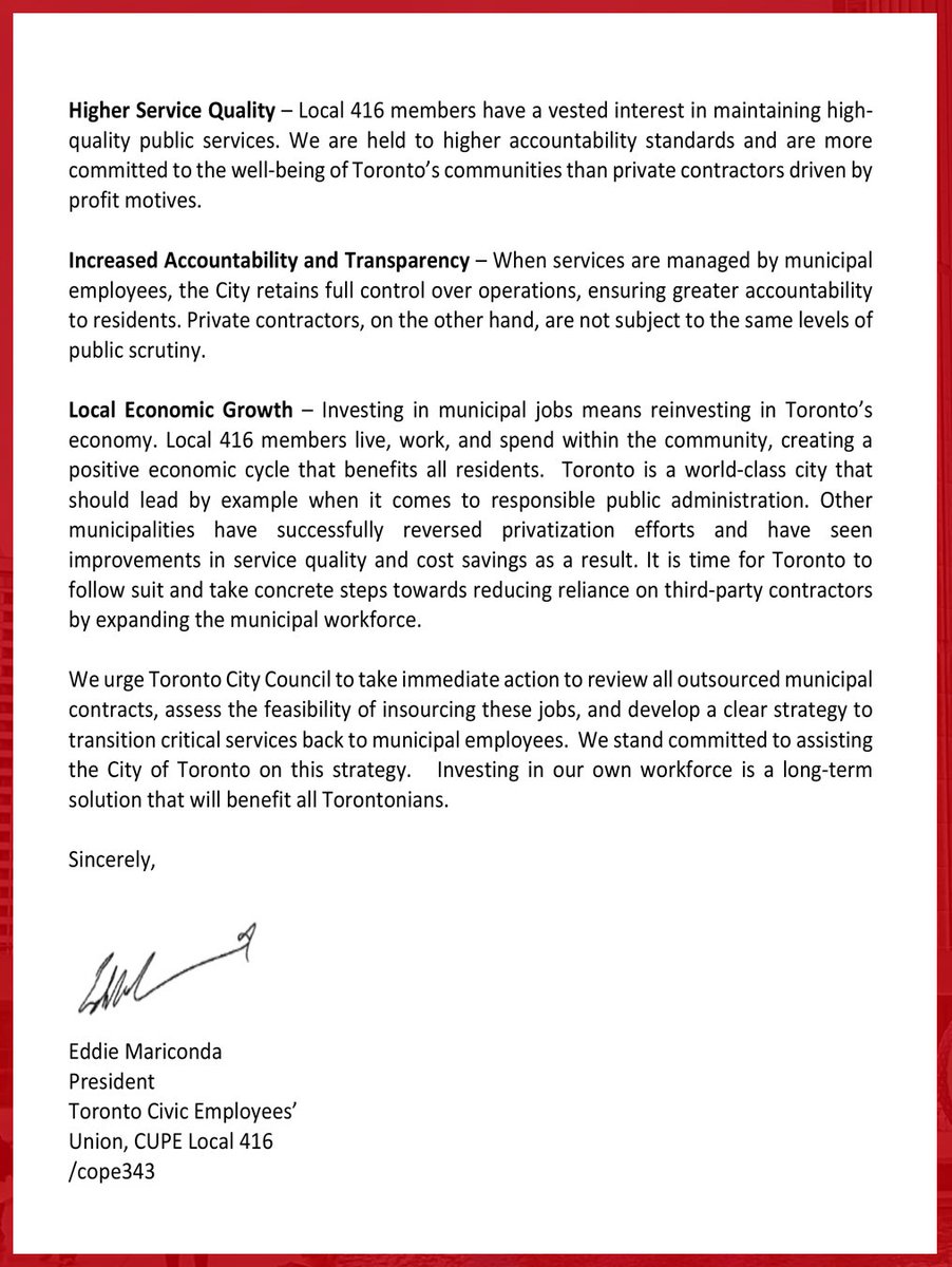 One of the most effective strategies Toronto City Council can undertake to mitigate the impact of tariffs and economic uncertainty posed by the Trump administration, is to prioritize insourcing of municipal services.

We’re asking Toronto City Council to take decisive action to