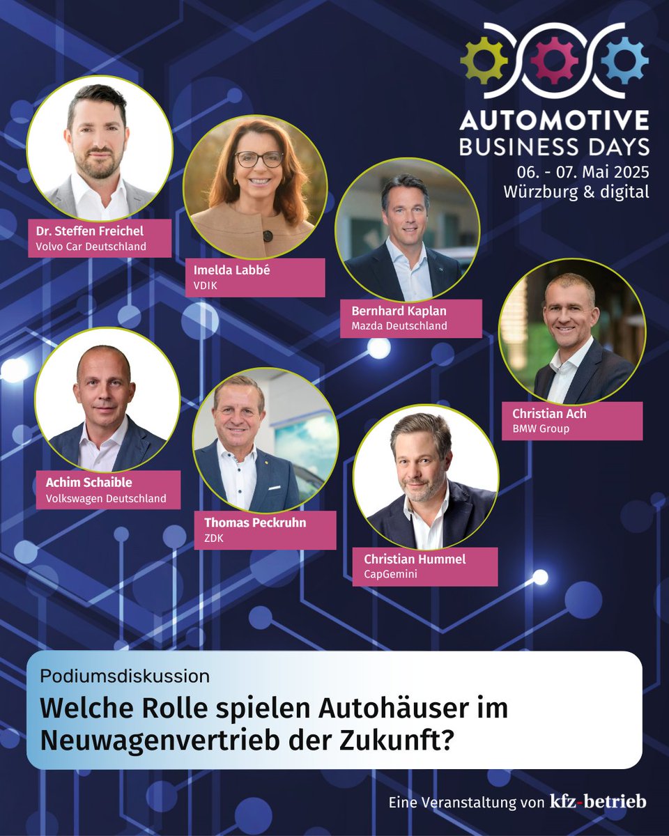 VDIK-Präsidentin Imelda Labbé bei den Automotive Business Days am 6. Mai in Würzburg: Neue Impulse für den Automobilvertrieb - welche Chancen und Herausforderungen stehen in den kommenden Jahren an?
automotive-business-days.de/anmeldung