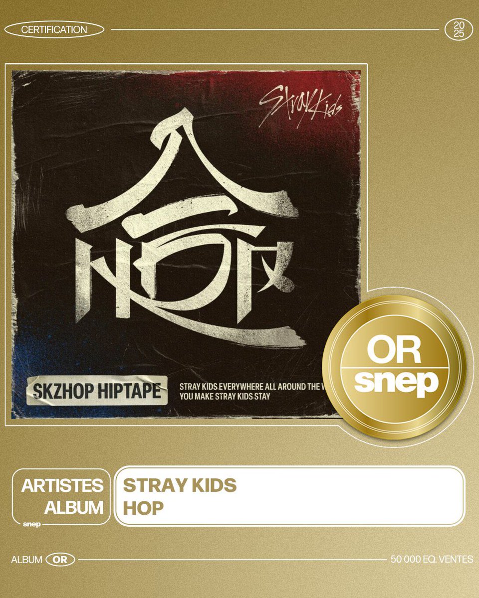 🇫🇷 "HOP" has now been certified Gold (50k albums sold) by SNEP!

Stray Kids are the first and only 4th generation group to have at least 4 albums certified Gold by the chart (5-STAR, ROCK-STAR, ATE, HOP).

<a href="/Stray_Kids/">Stray Kids</a> #StrayKids #스트레이키즈