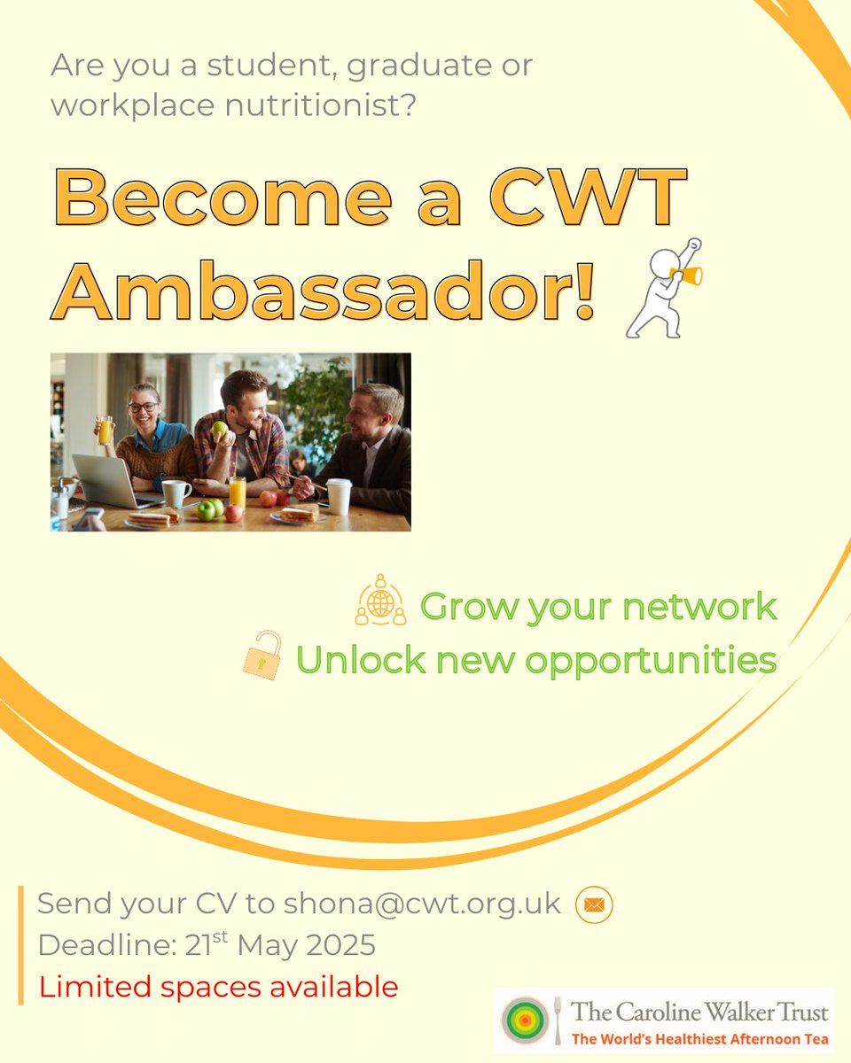 CarolineWalkerTrust (@cwtfood) on Twitter photo 📢 Gain Real-World Nutrition Experience with CWT!
Become an Ambassador for the World’s Healthiest Afternoon Tea campaign & help kids access healthier snacks.
🔗 Learn more: worldshealthiestafternoontea.org.uk/ambassador-pro…
#WHAT2025 #NutritionStudents #NutritionCareers
<a href="/Nutrition_SENSE/">SENSE Nutritionists</a> <a href="/AfN_UK_/">AfN</a> 📢 Gain Real-World Nutrition Experience with CWT!
Become an Ambassador for the World’s Healthiest Afternoon Tea campaign & help kids access healthier snacks.
🔗 Learn more: worldshealthiestafternoontea.org.uk/ambassador-pro…
#WHAT2025 #NutritionStudents #NutritionCareers
<a href="/Nutrition_SENSE/">SENSE Nutritionists</a> <a href="/AfN_UK_/">AfN</a>