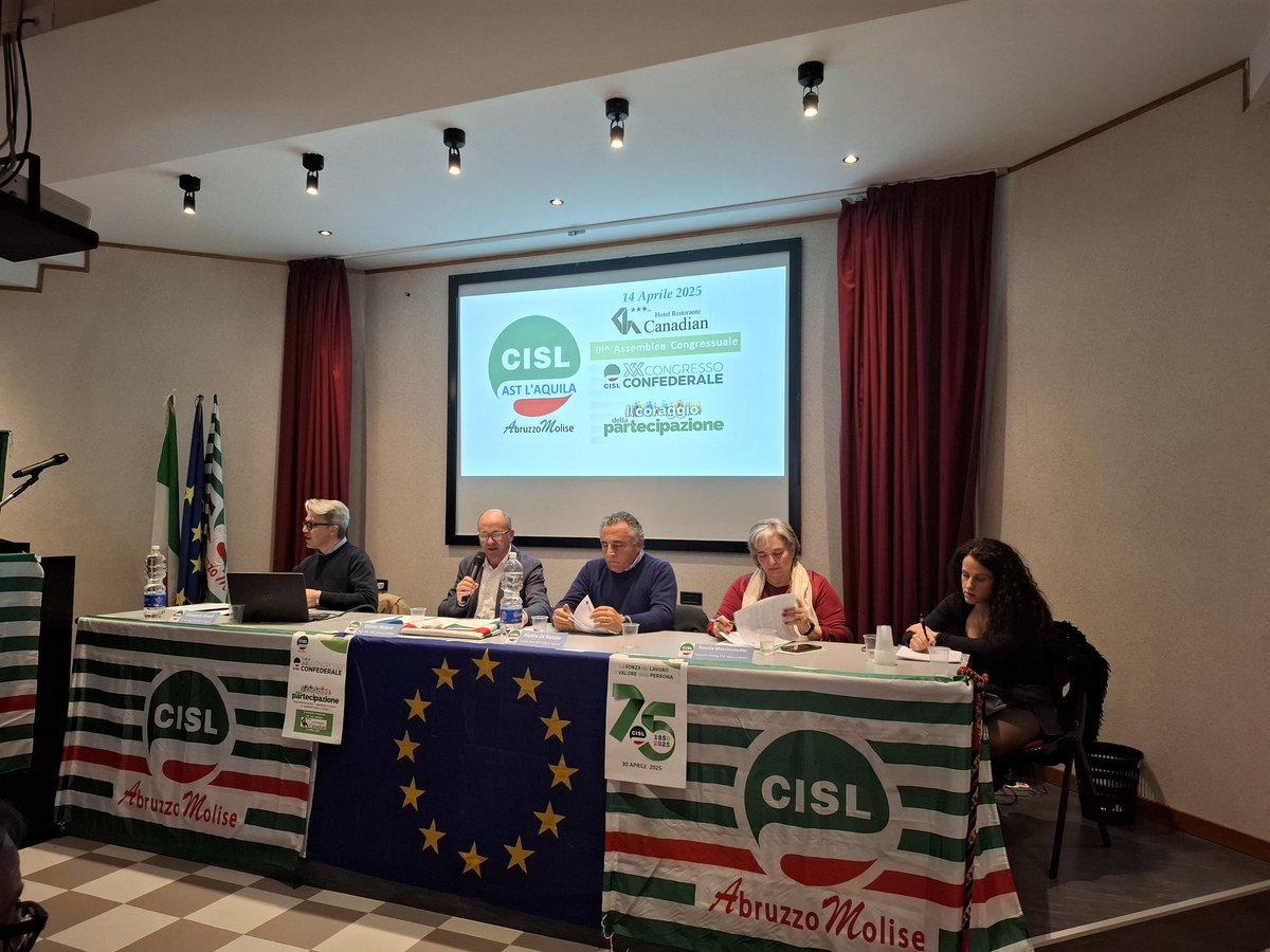 CISLAbruzzoMoli's tweet photo. "Oggi siamo a L'Aquila per l'Assemblea Congressuale #Cisl e
dove delegati hanno testimoniato le varie esperienze vissute nelle aziende e nel territorio affrontando temi che richiamano all'impegno partecipato attraverso il dialogo e la contrattazione" il Seg.Gen. #Cisl Notaro https://t.co/5rRwQwnDZR
