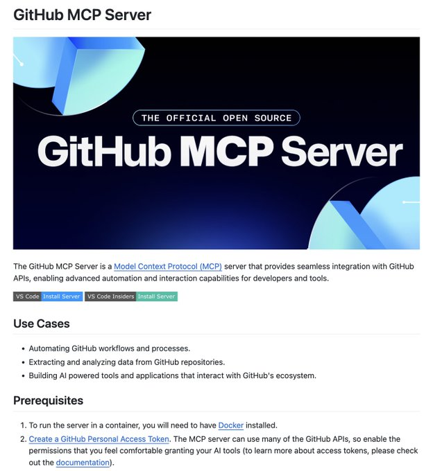 Introducing GitHub's Official MCP Server!

With the GitHub MCP Server, you can:
- Automate GitHub workflows and processes
- Extract and analyze data from GitHub repositories
- Build AI-powered tools and applications that interact with the GitHub ecosystem

100% Open Source