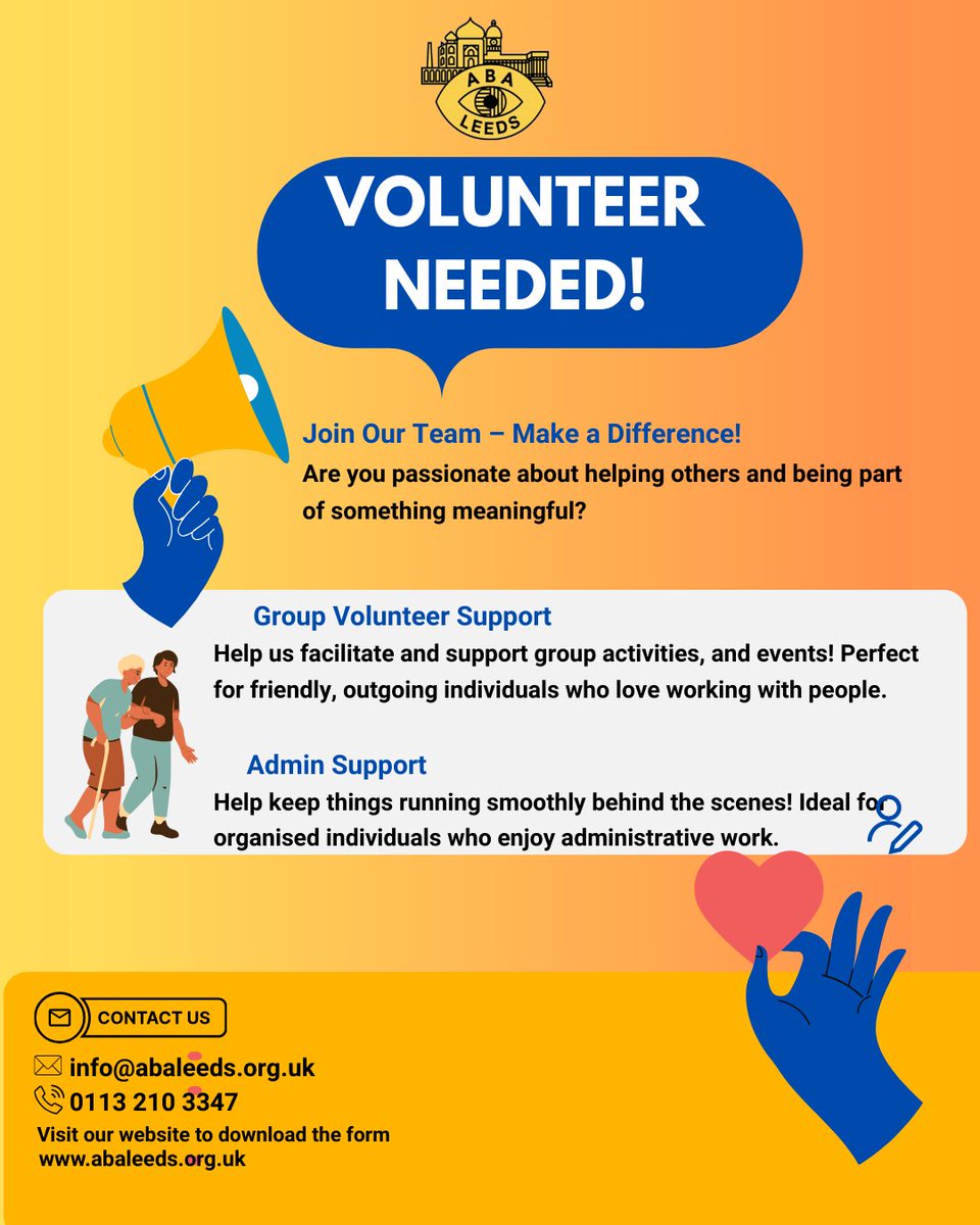 ABA Leeds (@abaleeds) on Twitter photo ๐ขWe're looking for volunteers
Want to make a real difference in your community? Join ABA Leeds as a Group Volunteer or Admin Support Volunteer and help us continue the amazing work we do. Whether you love people or you're great behind the scenes, weโd love to have you on board. ๐ขWe're looking for volunteers
Want to make a real difference in your community? Join ABA Leeds as a Group Volunteer or Admin Support Volunteer and help us continue the amazing work we do. Whether you love people or you're great behind the scenes, weโd love to have you on board.
