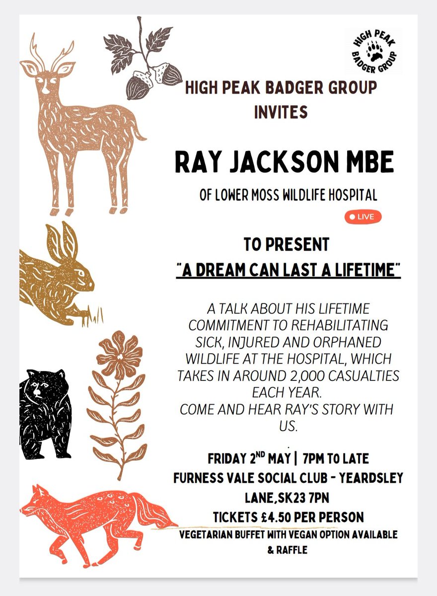 Please join us for a fun evening with Ray Jackson of lower moss wildlife hospital. All proceeds to High Peak badgers. <a href="/AmeleaTeckel/">Amelea Teckel</a> <a href="/LumpyandFriends/">Mr Lumpy & Friends</a> <a href="/ProtectTheWild_/">Protect the Wild</a> <a href="/bertie_lakeland/">Bertie Lakeland</a> <a href="/badgersni/">Northern Ireland Badger Group</a> <a href="/Calderbadgers1/">calderdale badger protection group</a> <a href="/BadgerlandCoUk/">BadgerlandCoUk</a> <a href="/euro_badger/">Euro_badger</a> <a href="/OxonBadgers/">Oxon Badgers</a> <a href="/DorsetBBW/">Dorset Badger/Bovine</a> <a href="/badgerlandlord/">Badger</a>