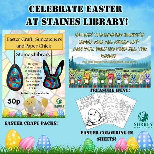 StainesLibrary's tweet photo. Celebrate Easter with us this week at Staines Library! Join us for crafts, a treasure hunt and colouring! ๐ฐ#staineslibrary #surreylibrary https://t.co/205jL3ShCn