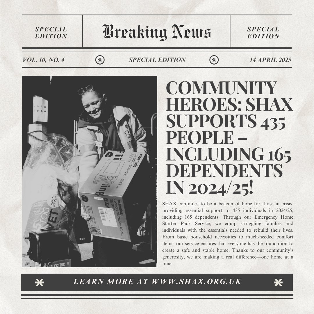 📷 COMMUNITY HEROES IN ACTION! 📷
SHAX is making a difference, helping 435 people—including 165 dependents—find stability through our Emergency Home Starter Pack Service in the 2024/25 period. 📷