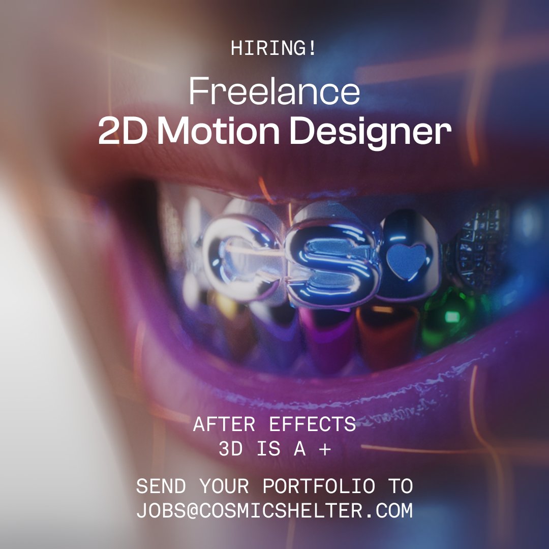 Cosmic Shelter (@cosmicshelter) on Twitter photo We are looking for freelance talents to join our team on upcoming projects!
🔹 3D Generalist – C4D +Octane / Blender
Houdini skills are a plus
🔹 2D Motion Designer – After Effects
3D experience is a plus
📩 Send your portfolio to: jobs@cosmicshelter.com We are looking for freelance talents to join our team on upcoming projects!
🔹 3D Generalist – C4D +Octane / Blender
Houdini skills are a plus
🔹 2D Motion Designer – After Effects
3D experience is a plus
📩 Send your portfolio to: jobs@cosmicshelter.com