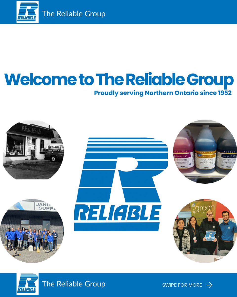 TheReliableGrp's tweet photo. Introducing The Reliable Group 
Serving Northern Ontario since 1952.
We operate through 3 trusted divisions: 
 ✔ Cleaning Services (RCS) 
 ✔ Maintenance Products (RMP) 
 ✔ Industrial Supply (RIS)

Swipe through 👇 
 #ReliableGroup #FacilitySolutions #NorthernOntario https://t.co/CuZHnuCE98