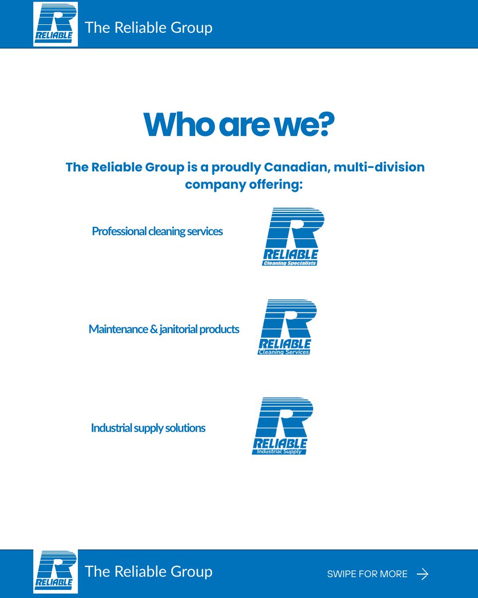 TheReliableGrp's tweet photo. Introducing The Reliable Group 
Serving Northern Ontario since 1952.
We operate through 3 trusted divisions: 
 ✔ Cleaning Services (RCS) 
 ✔ Maintenance Products (RMP) 
 ✔ Industrial Supply (RIS)

Swipe through 👇 
 #ReliableGroup #FacilitySolutions #NorthernOntario https://t.co/CuZHnuCE98