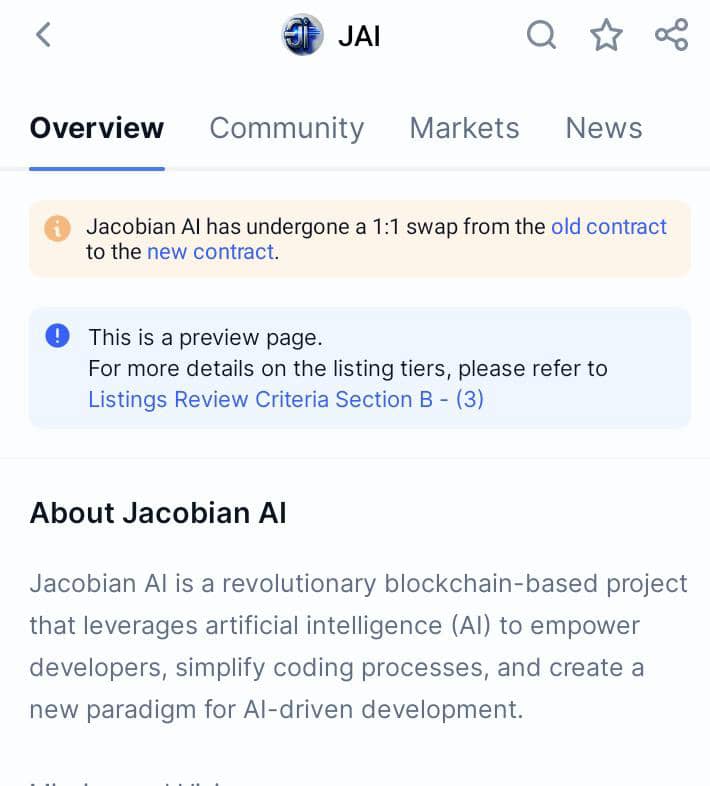 Exciting news for the $JAI community! Jacobian AI has been successfully updated to the new Contract Address (CA) on CoinMarketCap (CMC) and is now live. We're eagerly awaiting the upcoming data update. Share the news with fellow community members and encourage them to join $JAI