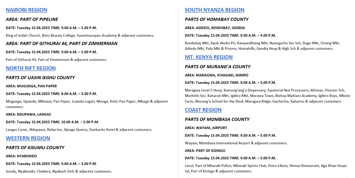 KenyaPower_Care's tweet photo. Good evening, kindly receive scheduled maintenance for tomorrow, Tuesday 15th April 2025.^R.O https://t.co/94r2Y9cT3J
